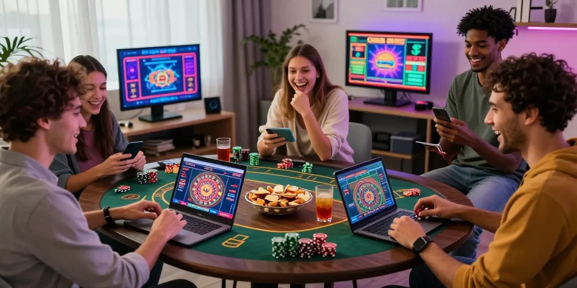 Giocatori che si divertono con casino online esteri mentre partecipano a giochi digitali nel soggiorno moderno.