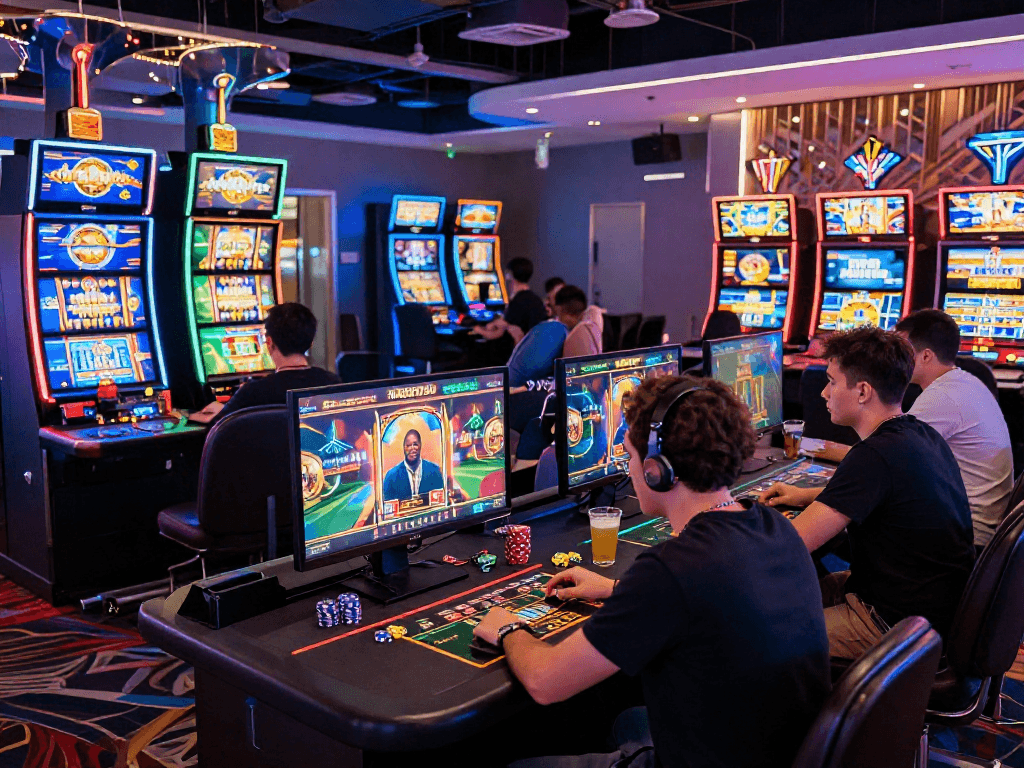 Un vivace casinò online esteri con giocatori coinvolti in giochi digitali e schermi luminosi.