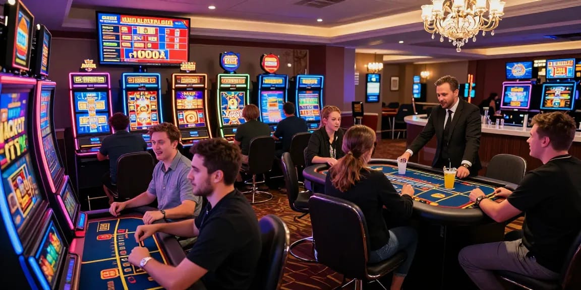 Exciting scene at Jackpot City online casino with players engaging in vibrant gaming activities.