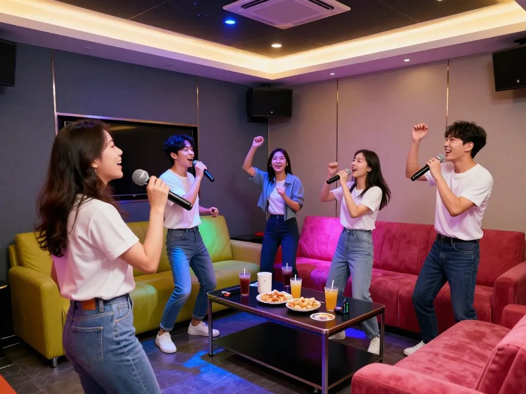 친구들이 음료와 화려한 조명 아래 활기찬 서구청쓰리노 룸에서 노래를 즐기고 있습니다.