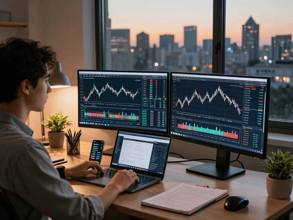 Active trading scene at trang chủ debet with monitors analyzing cryptocurrency trends and strategies.