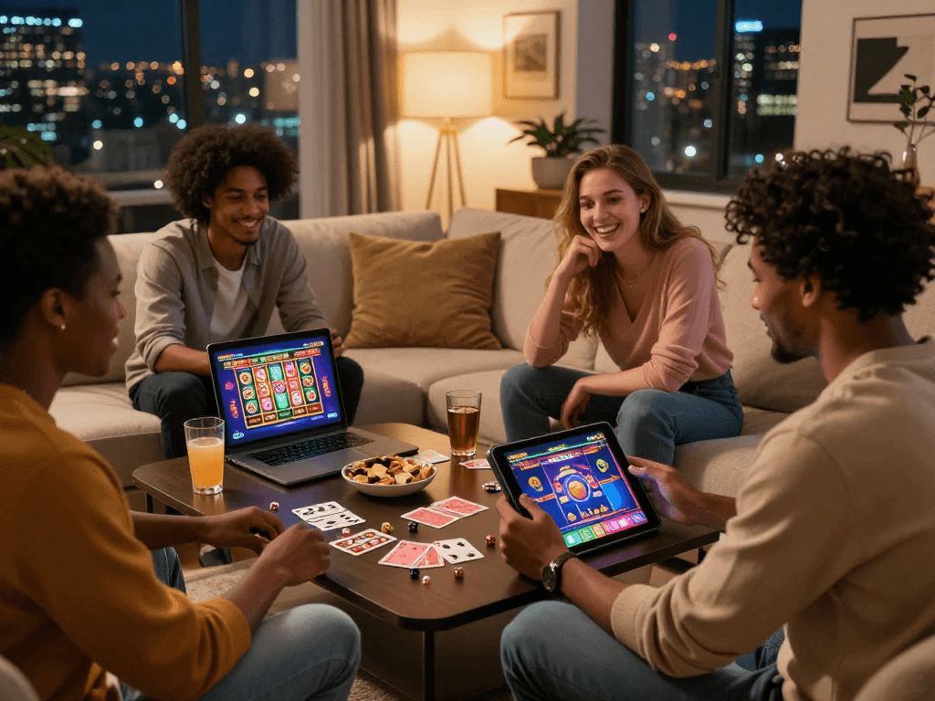 Giocatori godono dei casino online esteri in un salotto elegante con tablet e laptop.