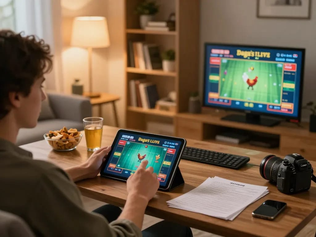 Players strategizing on Daga's online chicken fighting game from a cozy home setup