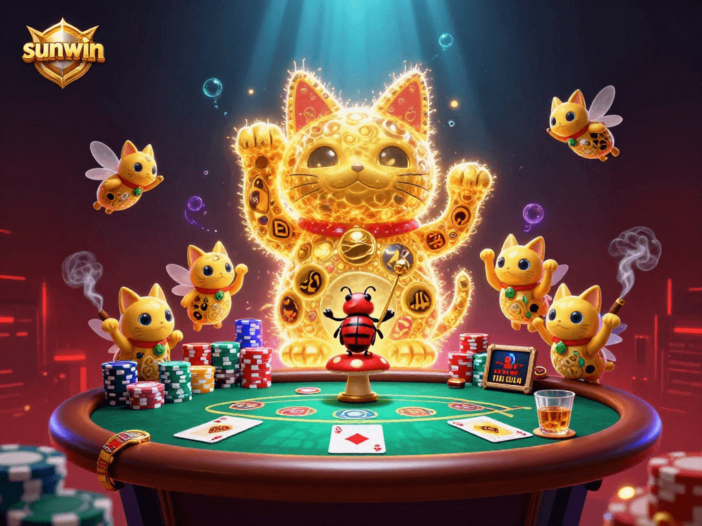 Experience thrilling gameplay with sunwin, showcased by a golden lucky cat and vibrant casino symbols.