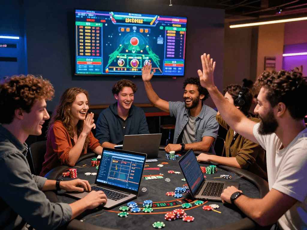 Un gruppo di amici festeggiando una vincita su casino online esteri, con laptop e decorazioni moderne.