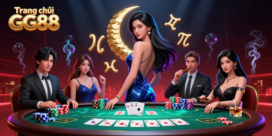 Experience the thrill of gambling on Trang chủ GG88 with a dazzling 3D scene of poker action and vibrant characters.
