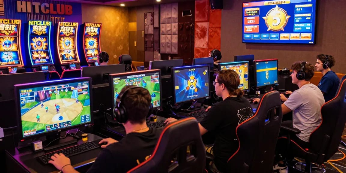 Exciting gaming atmosphere at taihitclub.cn.com with players engaged in gaming and vibrant screens showcasing various games.