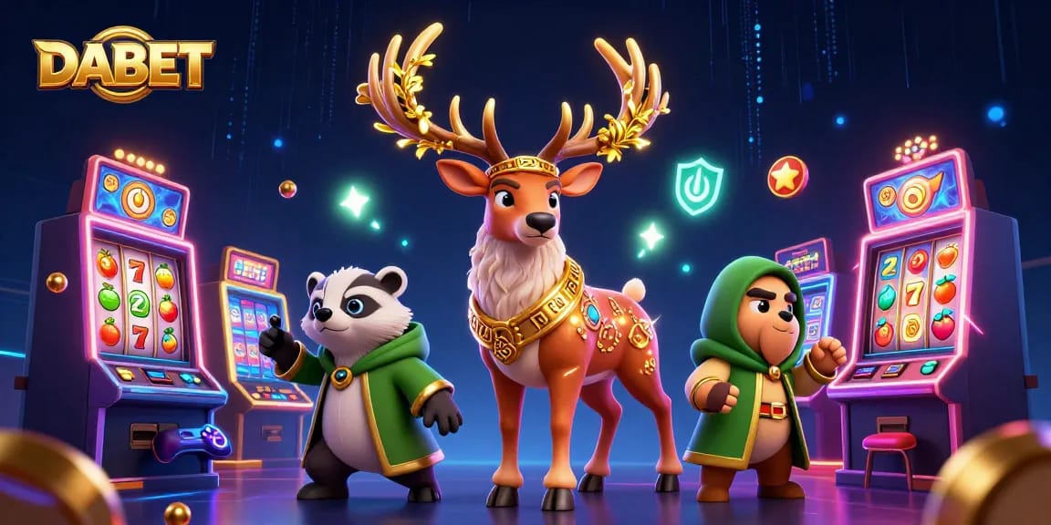DABET brings excitement with a dynamic 3D casino scene featuring slots, a druid stag, and a wise badger in action.