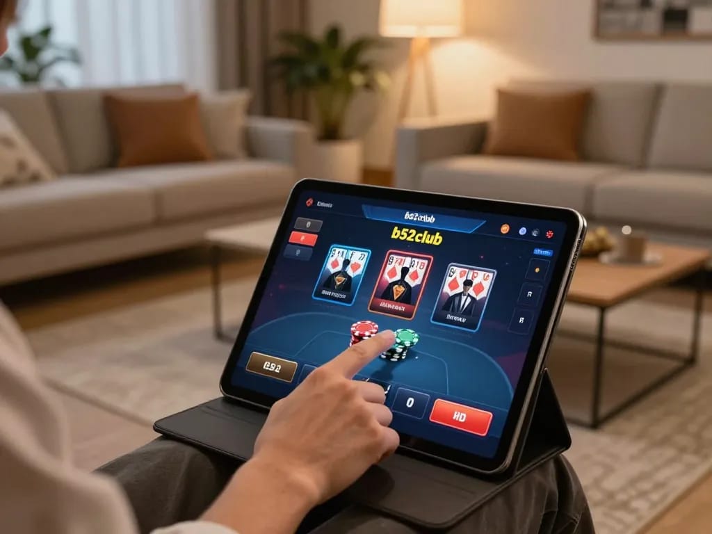 B52club player preparing to place a bet on a tablet during an online gaming session in a cozy living room