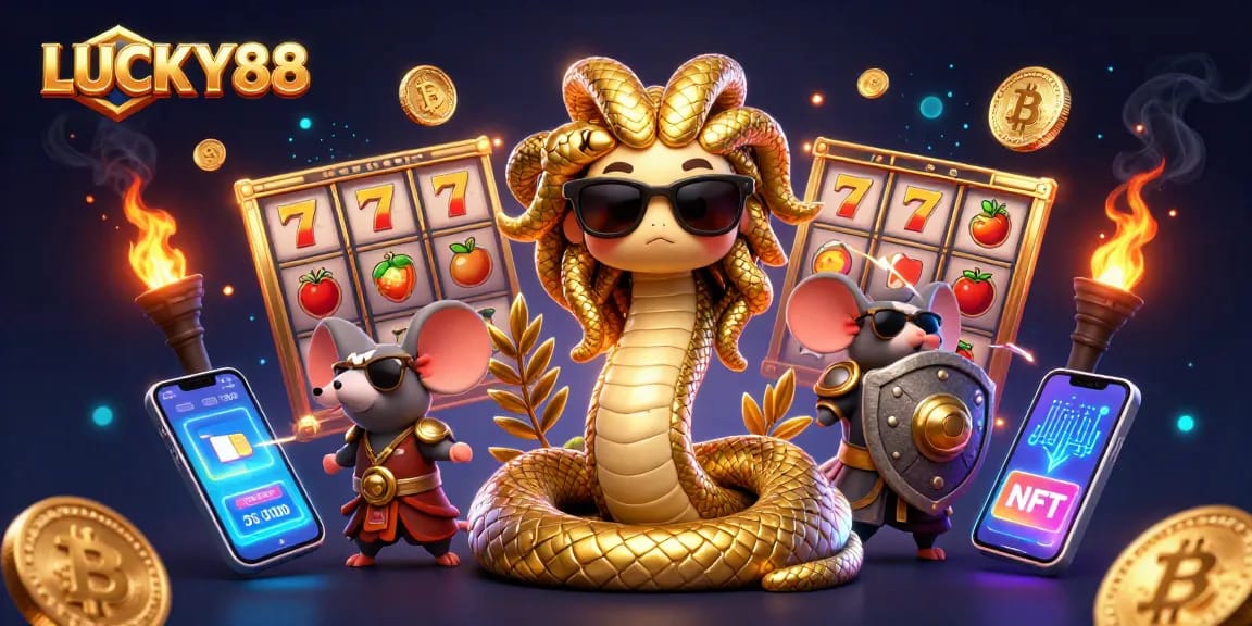 Spin the reels of LUCKY88 and feel the excitement with vibrant characters and crypto elements in an immersive casino scene.