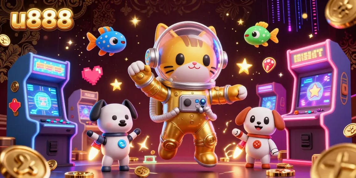 Engage with u888's vibrant casino environment featuring an astronaut cat and robot dog amidst arcade games and glowing elements.