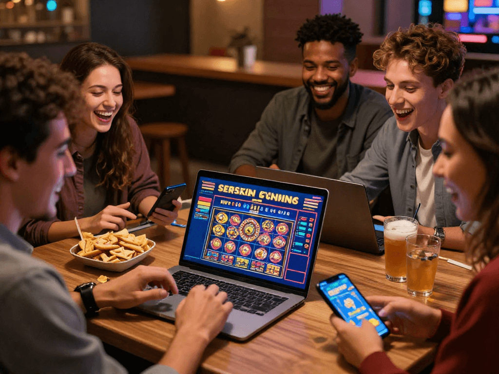 Giocatori entusiasti che si divertono con casino online esteri, ambientazione accogliente con giochi digitali e cibo sul tavolo.