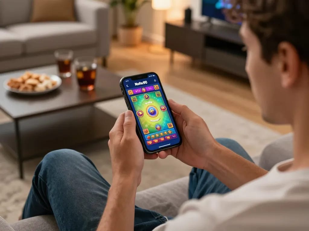 Nohu90 player engaging with mobile betting app, showcasing exciting game interface and cozy atmosphere.