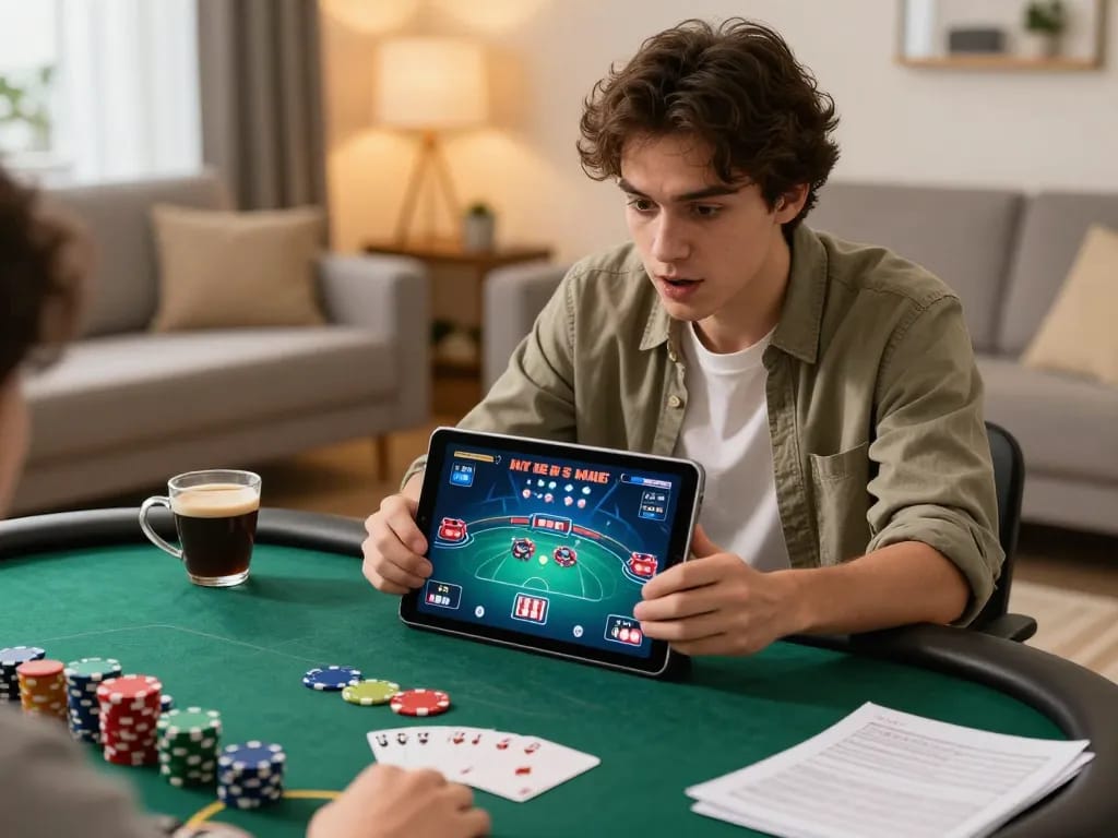 RR88 player strategizing poker moves on tablet in cozy living room