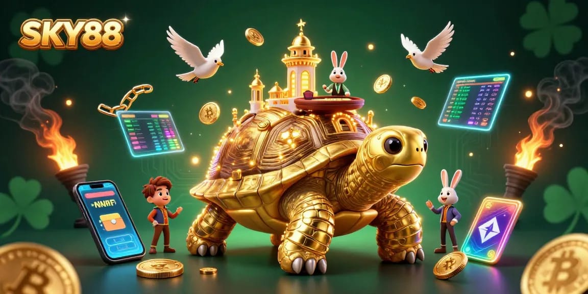 Engage in thrilling gaming at SKY88's vibrant casino atmosphere with golden coins and exciting gameplay.