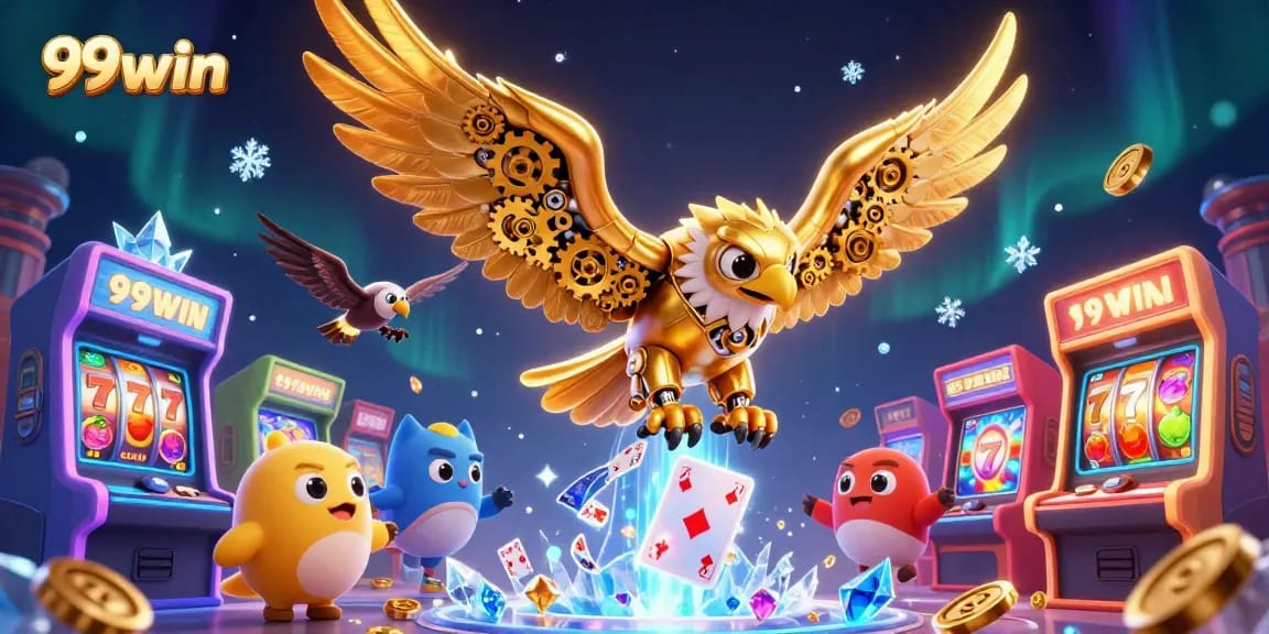 Experience thrilling gameplay with 99win's cybernetic eagle amidst vibrant casino elements.