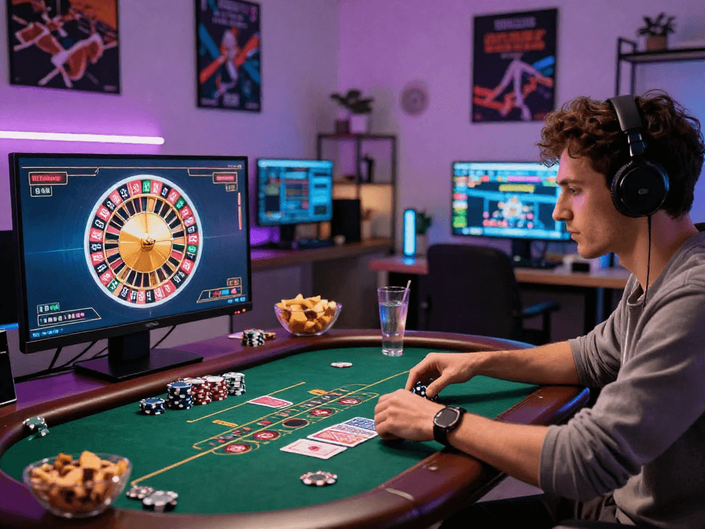 Giocatore impegnato in casinò online esteri con schermo luminoso e fiches da poker sparpagliate.