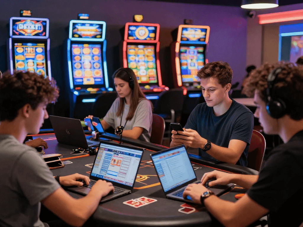 giocatori impegnati in casino online esteri con laptop e dispositivi mobili in un ambiente di gioco accogliente