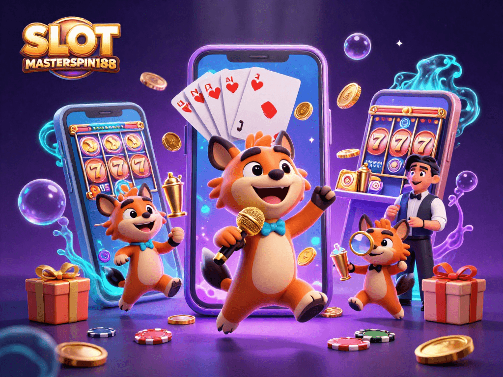 Engaging scene of hyenas in comedy casino showcasing SLOT MASTERSPIN188 with vibrant casino games.