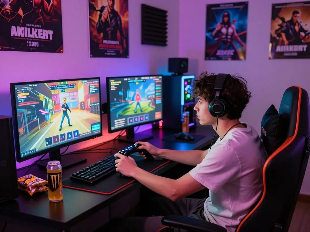 Gamer immersed in online porn games at a vibrant gaming setup with multiple monitors.