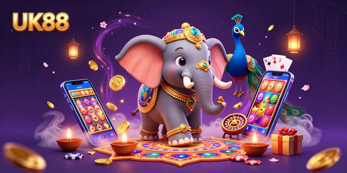 Play thrilling games in a vibrant UK88 casino scene with an elephant and peacock.