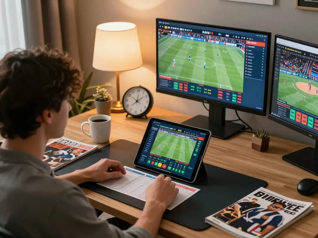 Engaged user navigating rr88 sports betting app on tablet in modern home office.