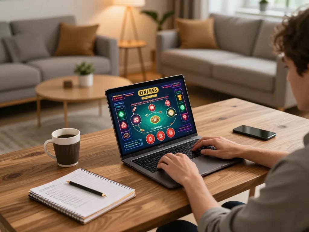 Kwin player engaged in an online gambling session, showcasing a strategic approach with notebook and drink.