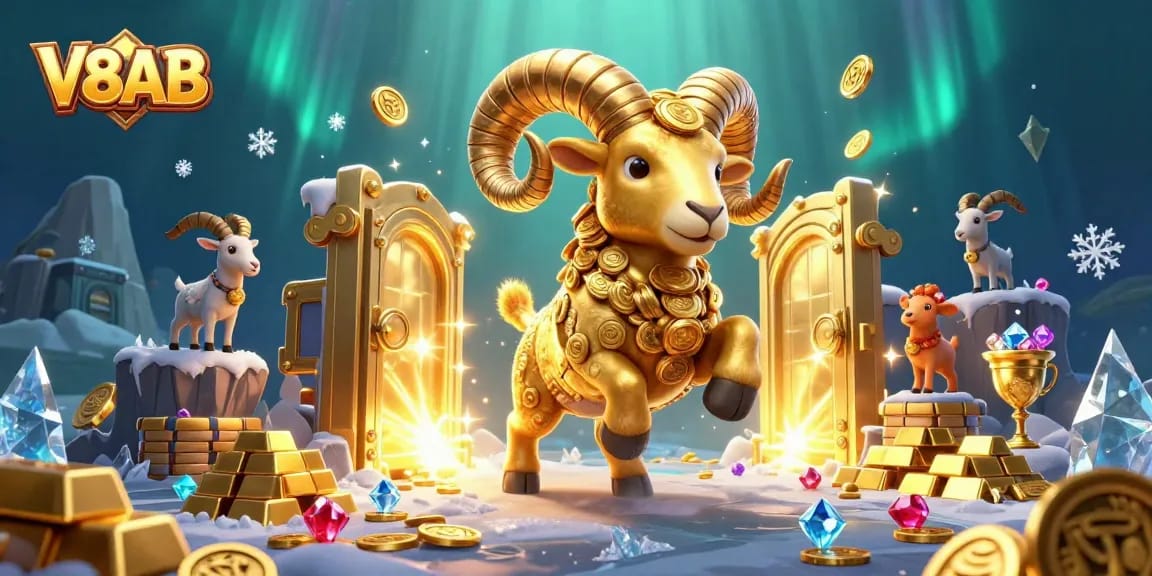 Experience thrilling gaming at V8AB with a majestic golden ram charging through treasures.