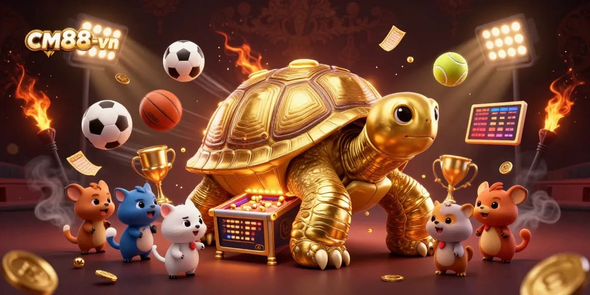 Engage with cm88-vn in a vibrant 3D illustrated casino scene featuring a colossal tortoise design.
