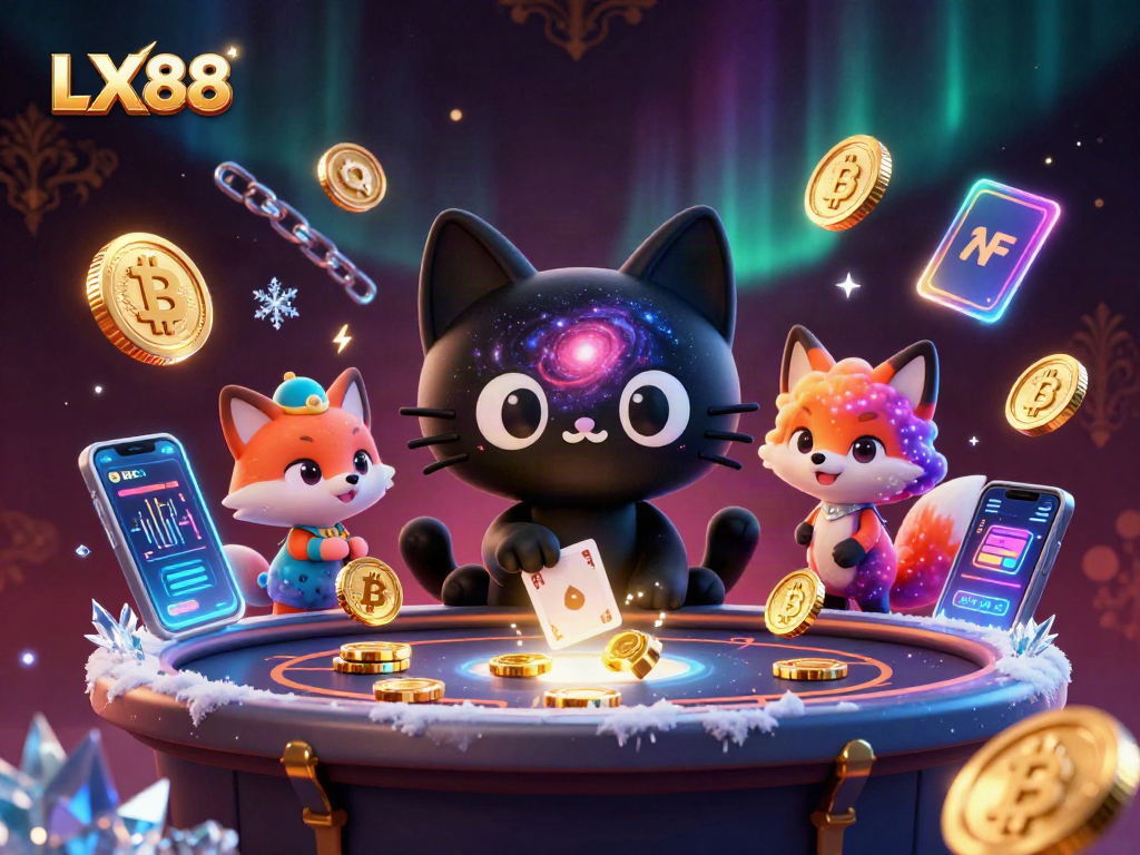 Experience thrilling gaming at LX88 with a cosmic black hole cat captivating players in a vibrant casino scene.