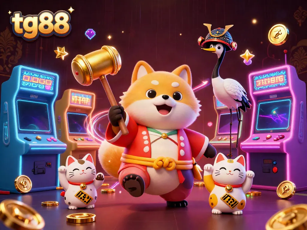 Engage with tg88's vibrant cartoon casino scene featuring a cheerful tanuki, arcade games, and luck symbols.
