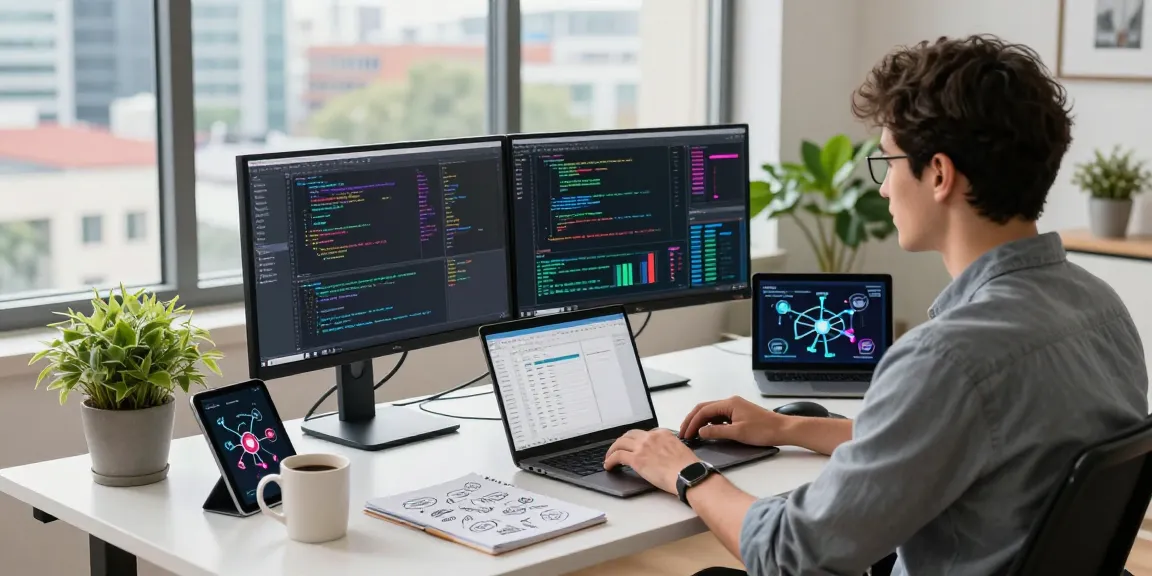 快连 network acceleration experience in a modern office with developers coding and collaborating.