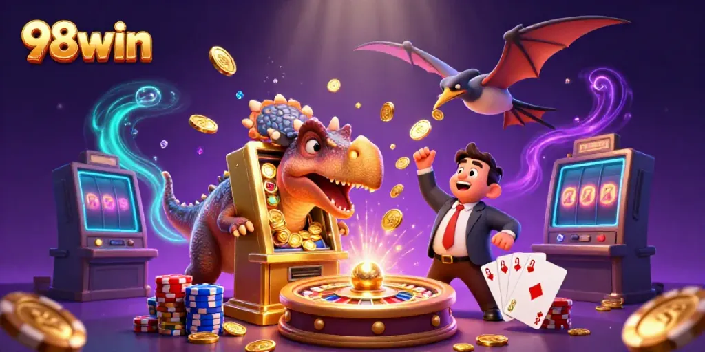 Experience the excitement of 98win as a cartoon pachycephalosaurus activates a golden slot machine, showering coins.