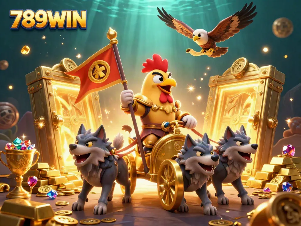 Engage with the 789WIN gaming adventure featuring a rooster warlord in a treasure-filled scene.
