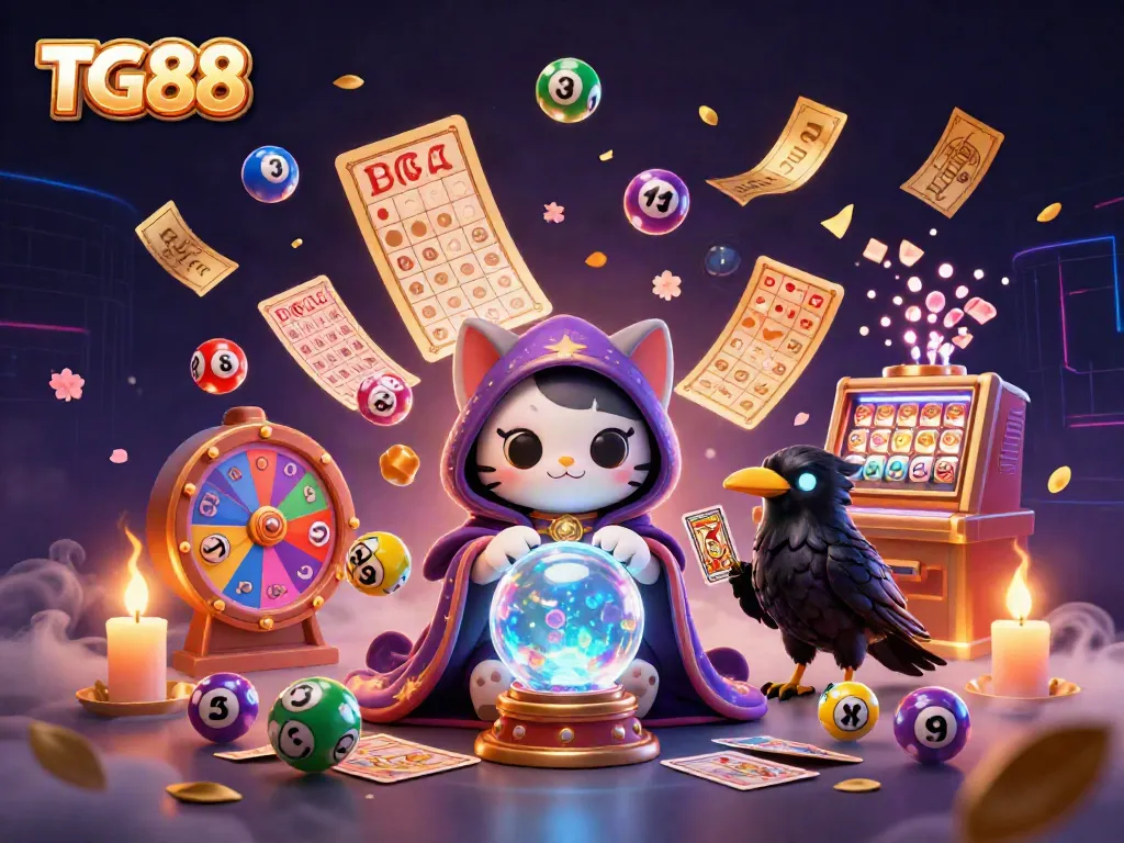 Experience dynamic lottery action with TG88 featuring bright colors and playful characters in a casino-themed illustration.