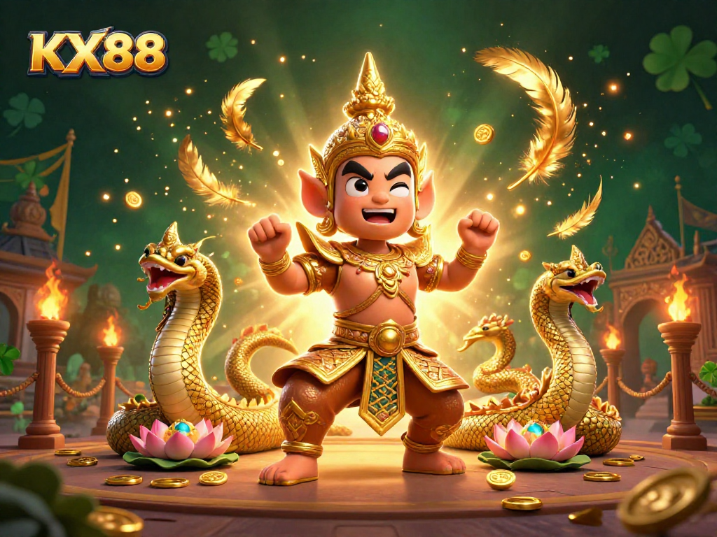 KX88 features a dynamic 3D scene with a Thai temple guardian and Naga serpents surrounded by vibrant casino elements.