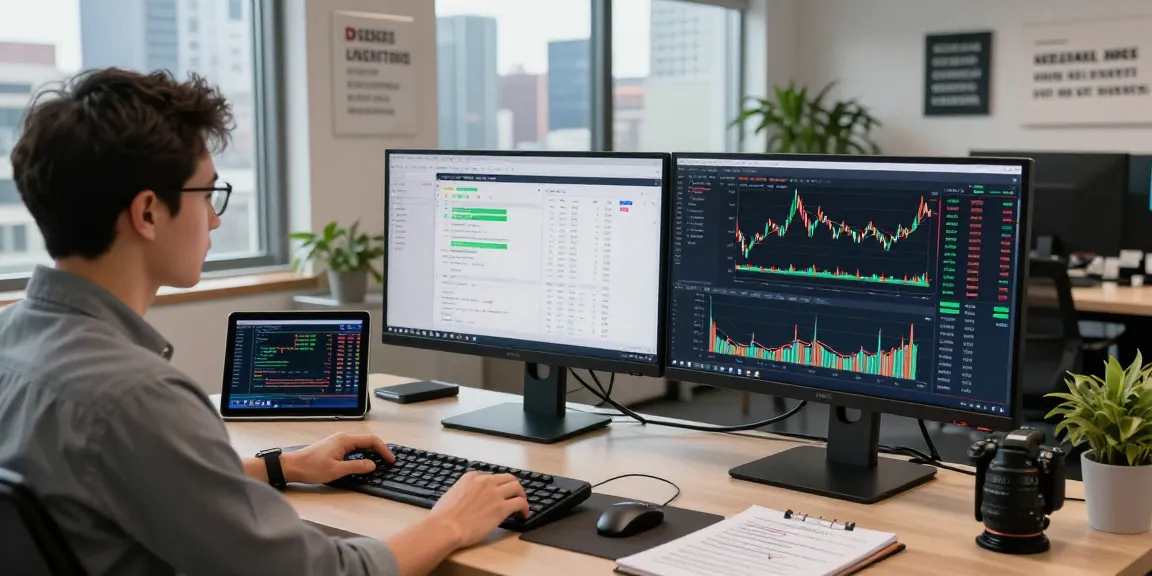 Engaged developer utilizing Japan stock WebSocket API at a modern trading desk for real-time market analysis.