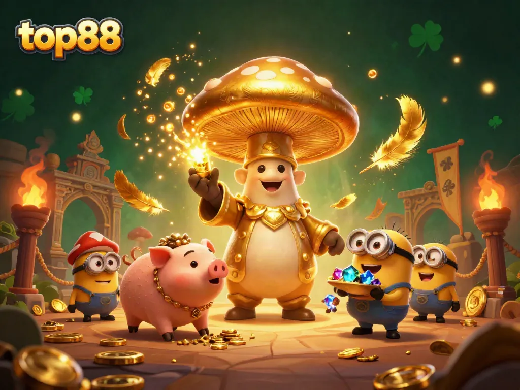 Experience the excitement of top88 with a magical golden mushroom wizard casting luck in a dynamic casino scene.