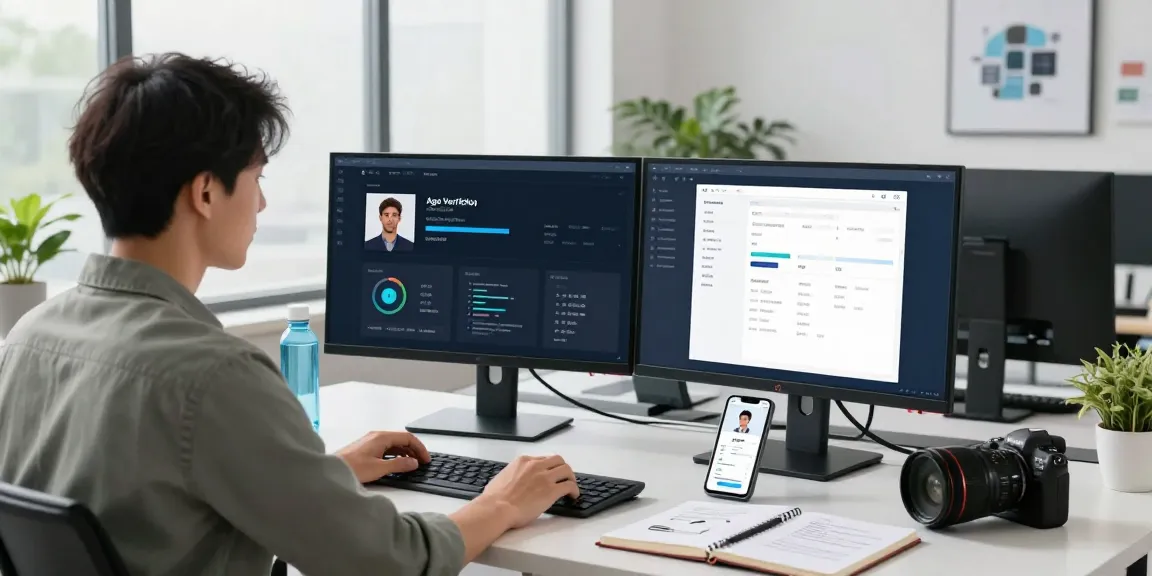 AI-powered age verification system in a modern tech workspace with user interfaces and compliance dashboards