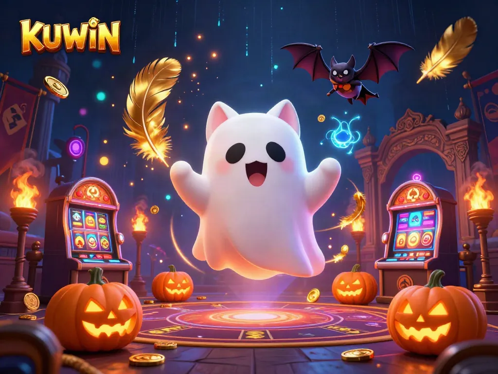 Experience gaming enchantment with KUWIN's thrilling haunted casino illustration featuring ghostly characters and glowing elements.