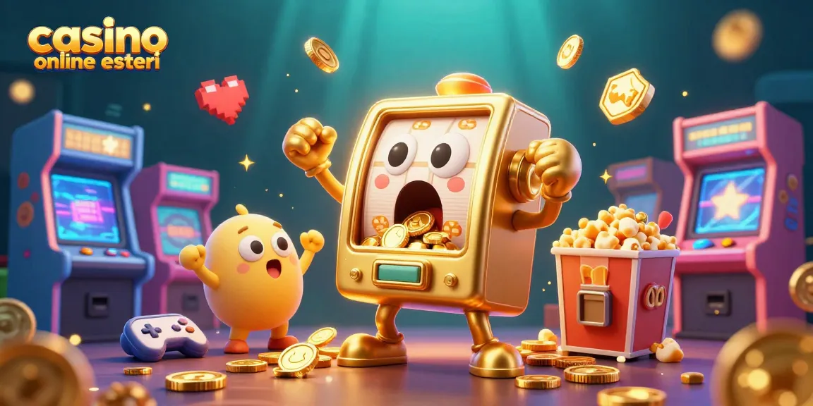 Esplora il mondo del casino online esteri con una slot machine dorata che esprime sorpresa mentre riceve monete.