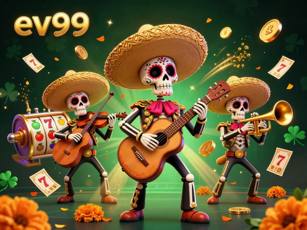 Experience the vibrant energy of ev99 with a lively mariachi band surrounded by colorful slot elements and golden treasures.