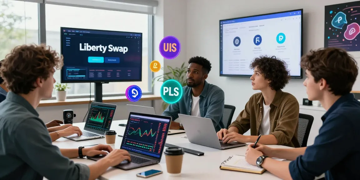Libertyswap visualizing a dynamic crypto trading scene with diverse enthusiasts discussing cross-chain swaps in a modern workspace.