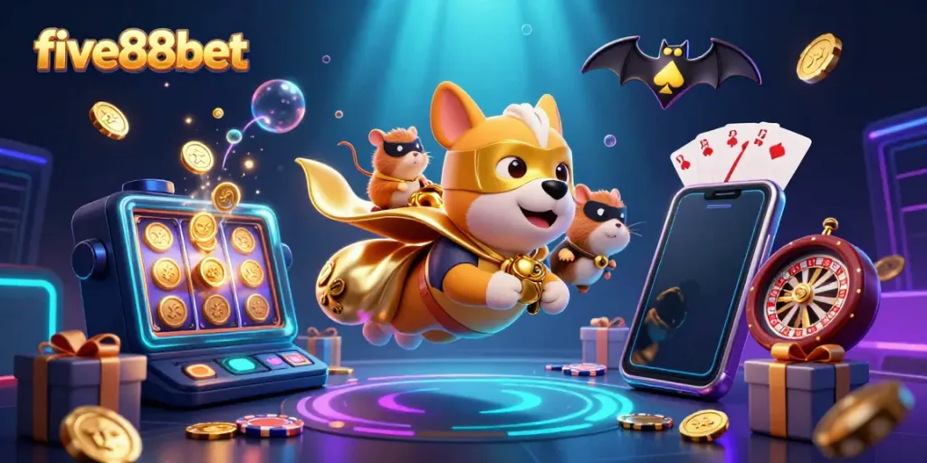 Experience the excitement of five88bet with a superhero dog and hamster amidst vibrant casino elements.