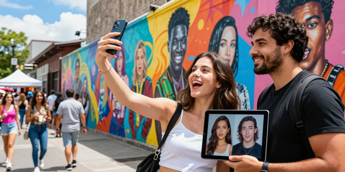 Excited young woman taking a selfie to find celebrity I look like, showcasing vibrant street art and friends comparing look-alikes.