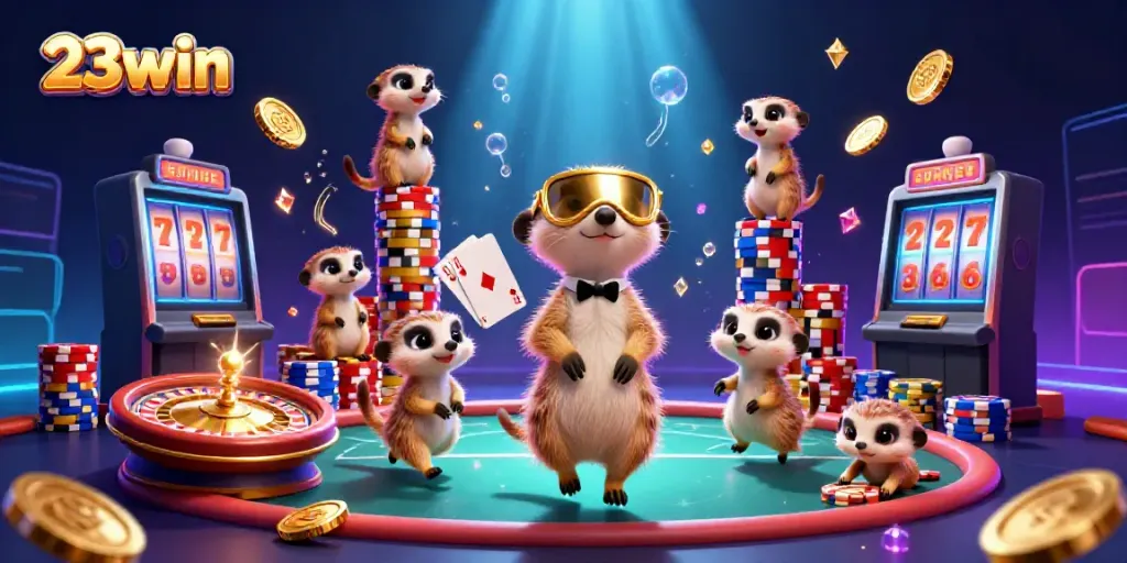 Experience thrilling gameplay at 23win with a vibrant casino scene featuring meerkats in action.