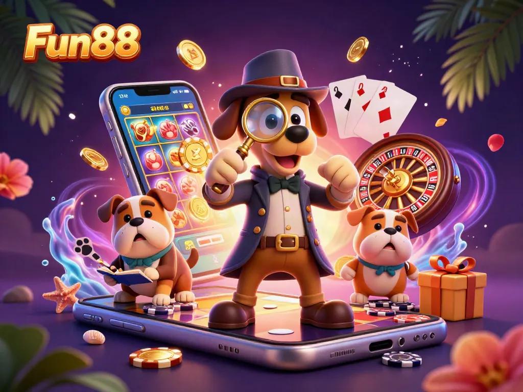 Experience the thrilling Fun88 casino scene with detectives uncovering hidden treasures in a vibrant casino atmosphere.