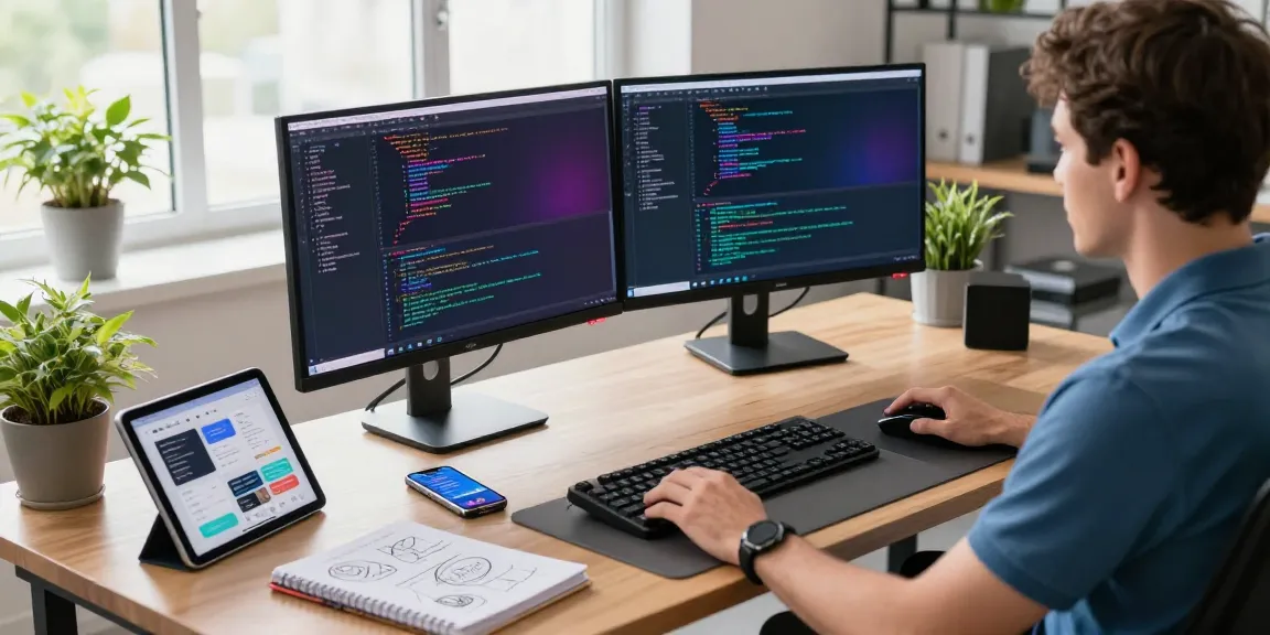 Workspace of a developer focused on coding at telegraimin.com with vibrant code on dual monitors and modern tech gadgets.