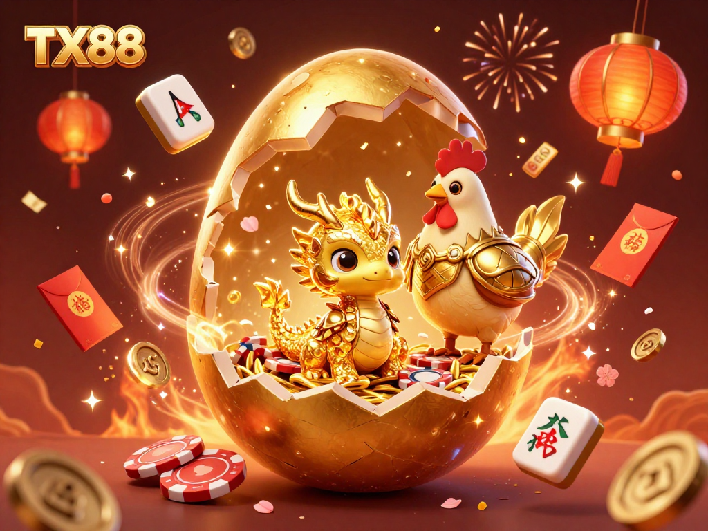 Experience thrilling gaming with TX88's golden dragon guarding poker chips and festive elements