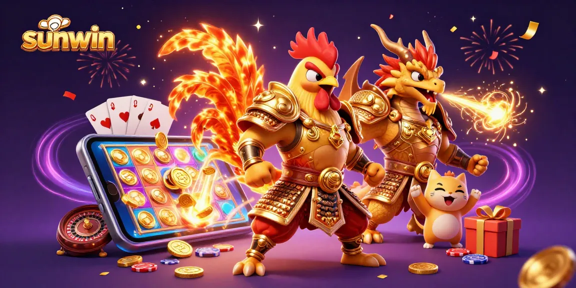 Experience exciting wins at sunwin with a dynamic illustration of a rooster warrior, dragon hatchling, and fortune cat amidst casino elements.